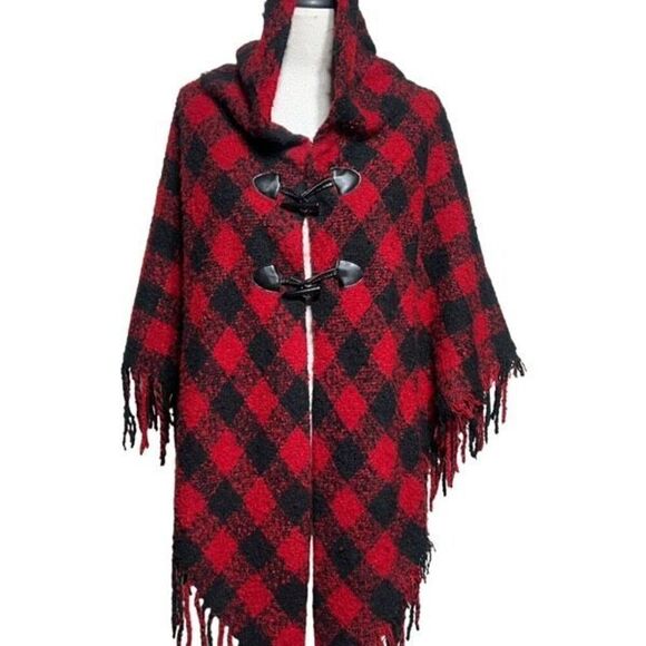David and Young NWT Boucle Buffalo Plaid Fringed Shawl Poncho - Picture 1 of 5
